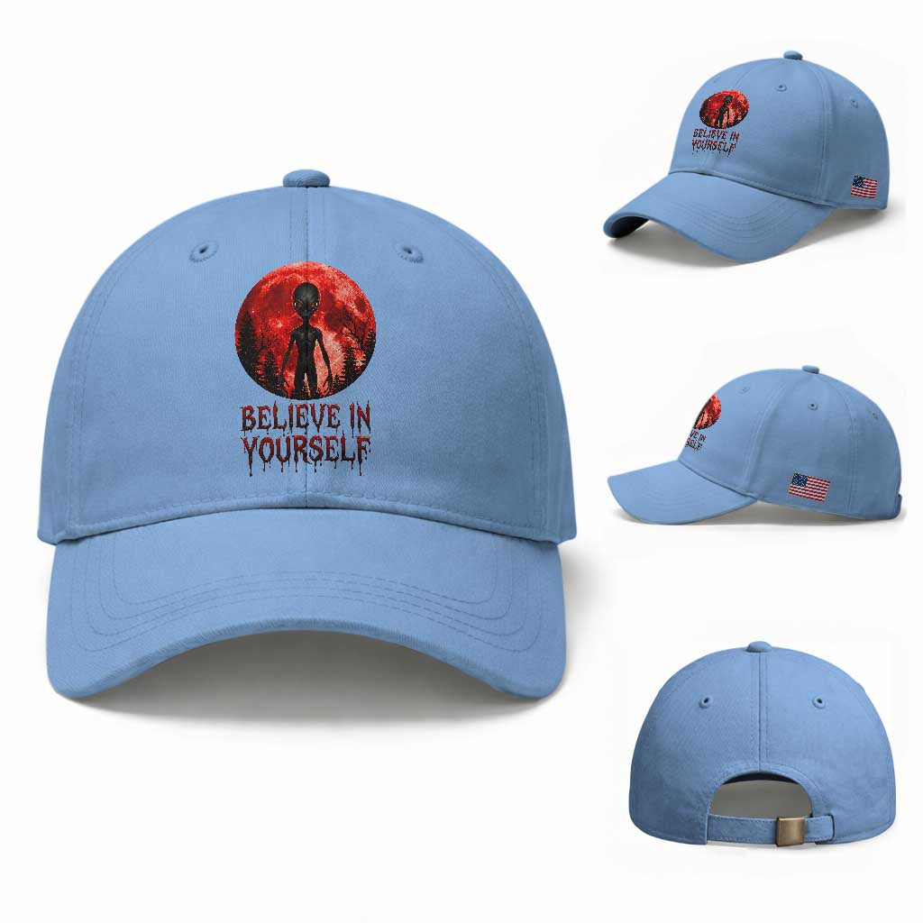 Creepy Alien Believe In Yourself Baseball Cap Funny Blood Moon Sci-Fi Horror Graphic TS02 Baseball Cap Universal Fit Light Blue Print Your Wear