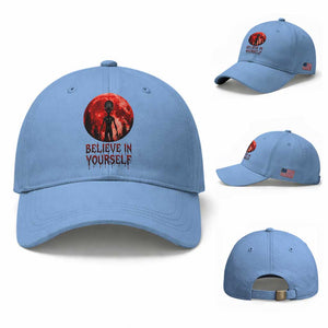 Creepy Alien Believe In Yourself Baseball Cap Funny Blood Moon Sci-Fi Horror Graphic TS02 Baseball Cap Universal Fit Light Blue Print Your Wear