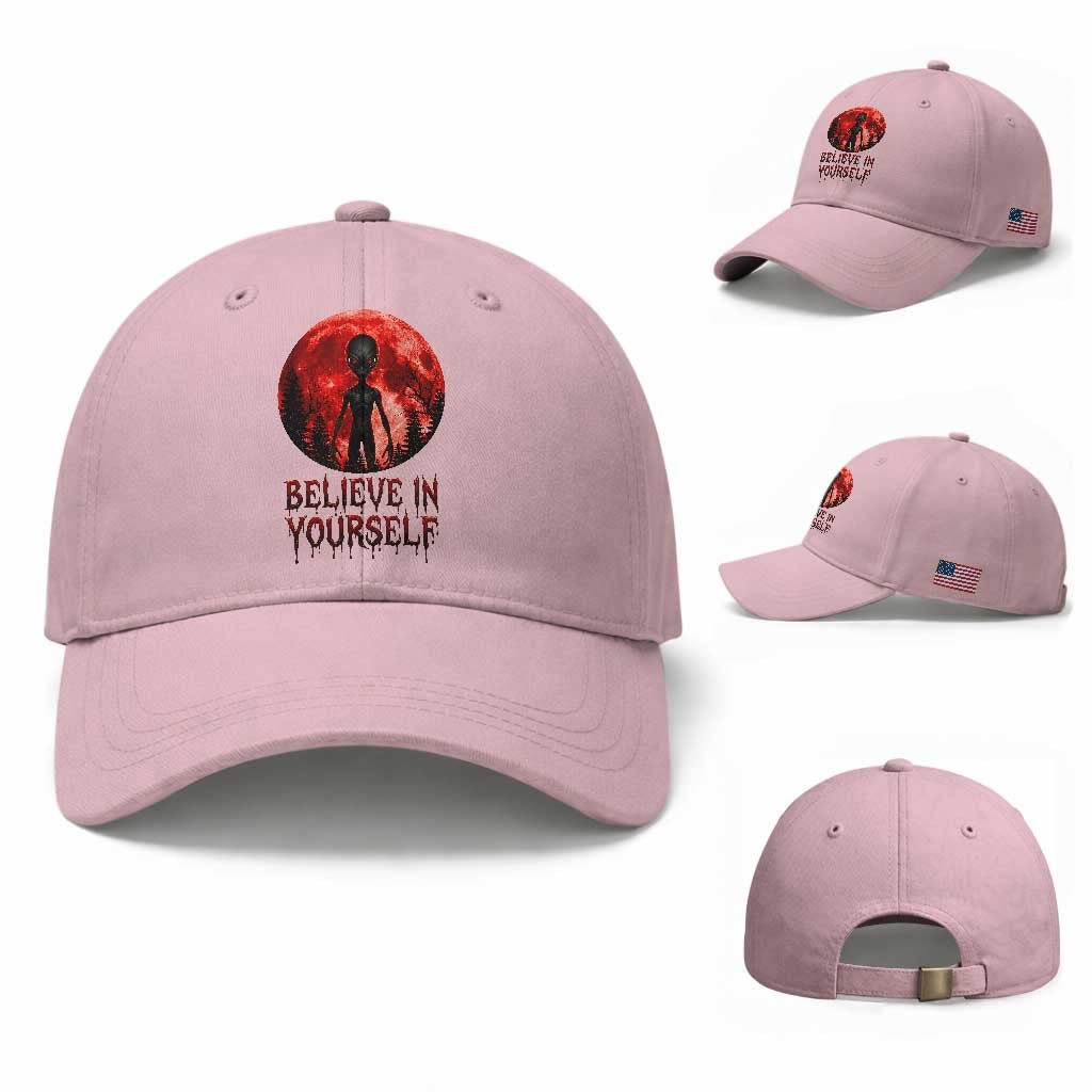 Creepy Alien Believe In Yourself Baseball Cap Funny Blood Moon Sci-Fi Horror Graphic TS02 Baseball Cap Universal Fit Light Pink Print Your Wear