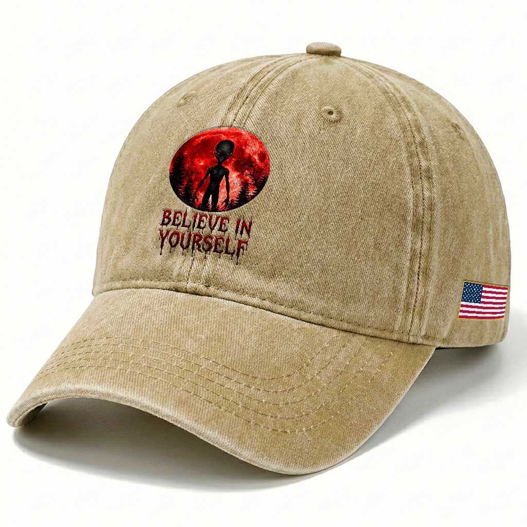 Creepy Alien Believe In Yourself Washed Cotton Baseball Cap Funny Blood Moon Sci-Fi Horror Graphic TS02 Print Your Wear