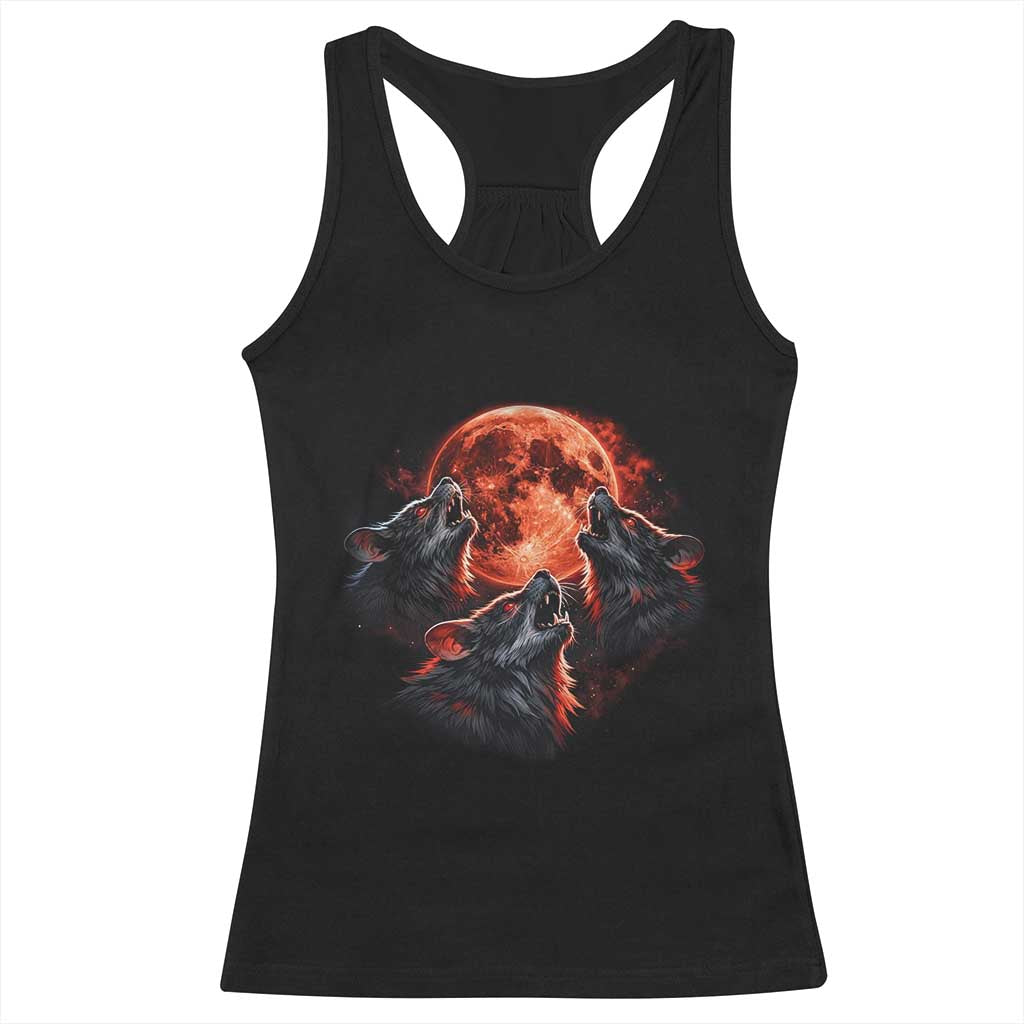 Majestic Three Wolves Howling at Red Blood Moon Graphic Racerback Tank Top Wild Nature with Celestial Astronomy TS02 Black Print Your Wear