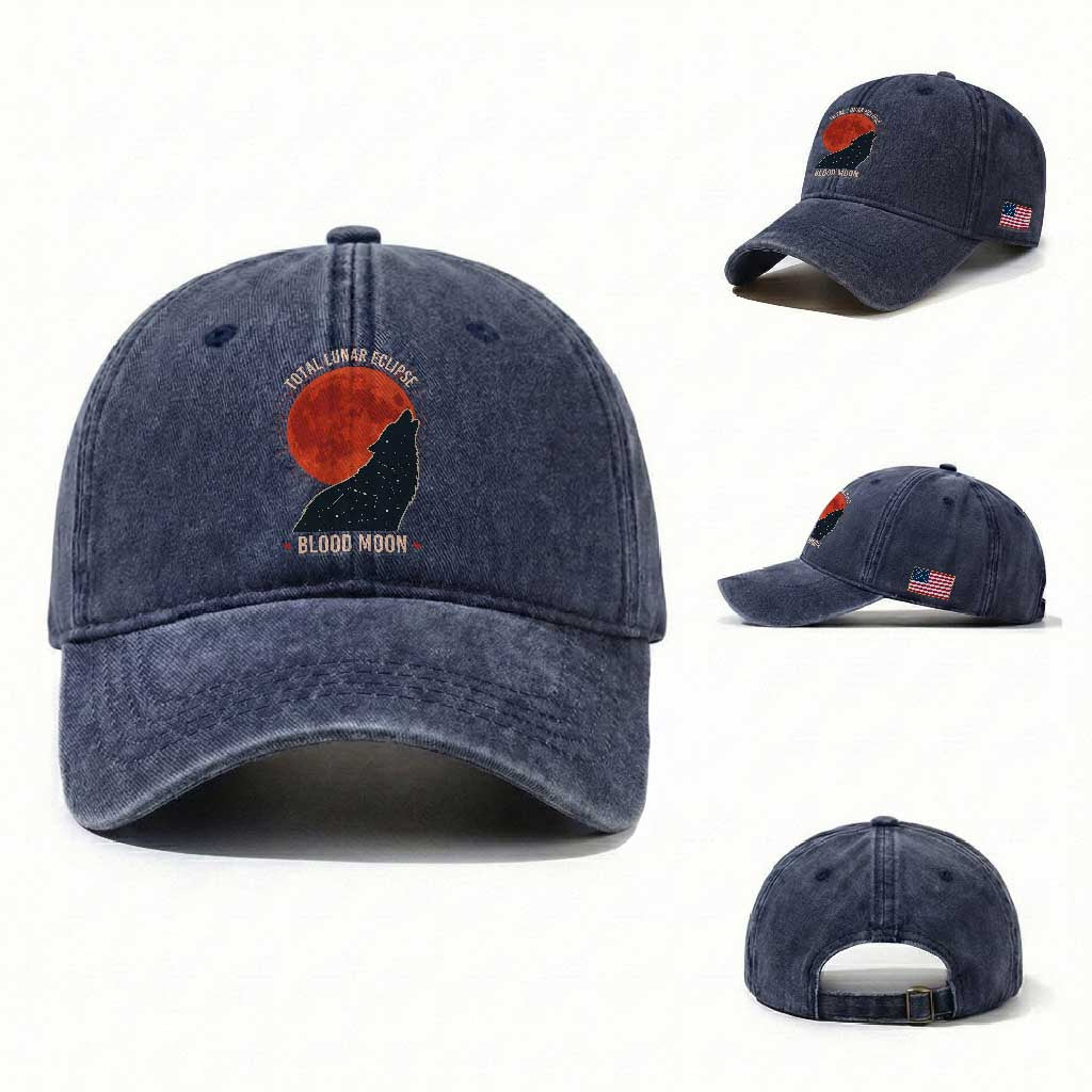 Total Lunar Eclipse March 3 2026 Washed Cotton Baseball Cap Constellation Wolf Souvenir Graphic TS02 Washed Cap Universal Fit Navy Print Your Wear