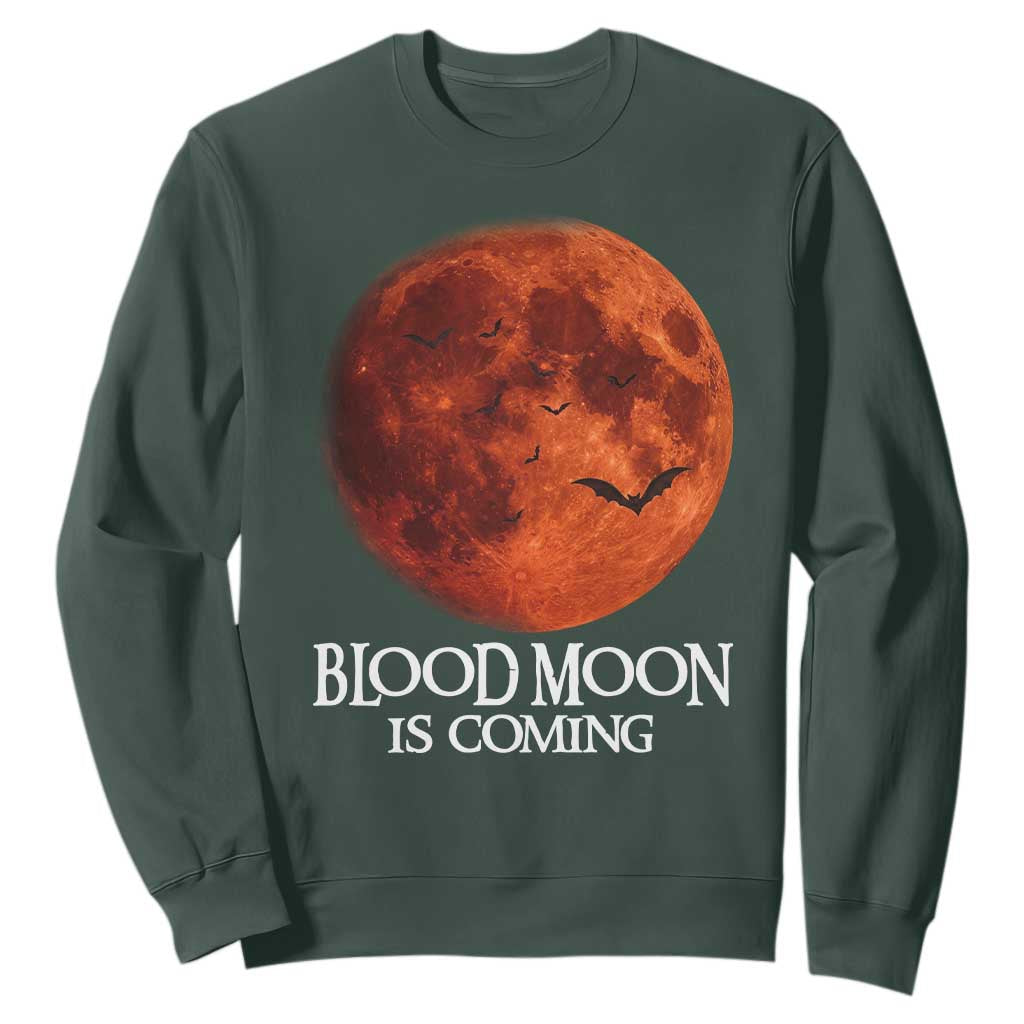 Blood Moon Is Coming Spooky Halloween Sweatshirt Flying Bats Gothic Dark Horror Graphic TS02 Dark Forest Green Print Your Wear