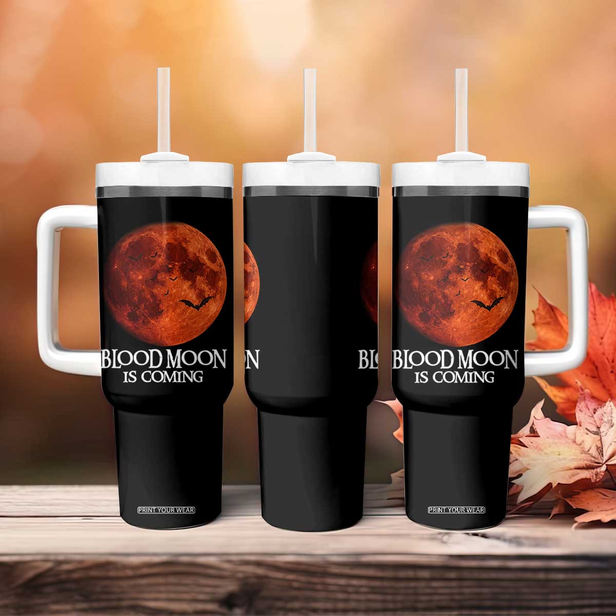 Blood Moon Is Coming Spooky Halloween Tumbler With Handle Flying Bats Gothic Dark Horror Graphic TS02 Print Your Wear