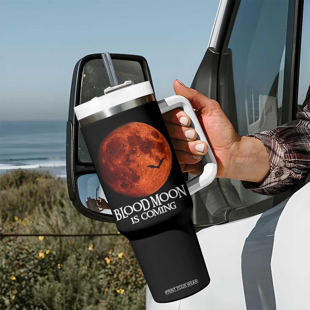 Blood Moon Is Coming Spooky Halloween Tumbler With Handle Flying Bats Gothic Dark Horror Graphic TS02 Print Your Wear