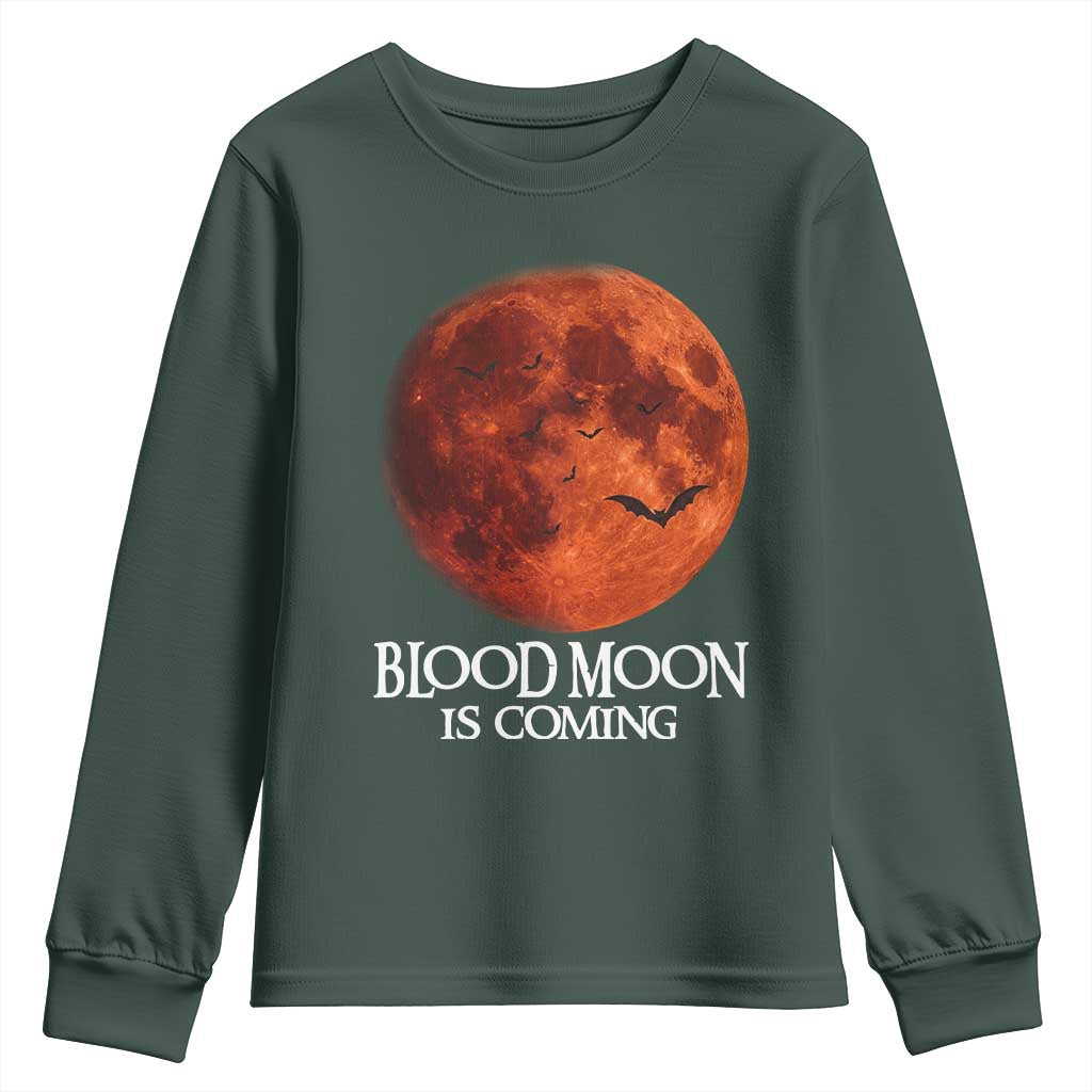 Blood Moon Is Coming Spooky Halloween Youth Sweatshirt Flying Bats Gothic Dark Horror Graphic TS02 Dark Forest Green Print Your Wear
