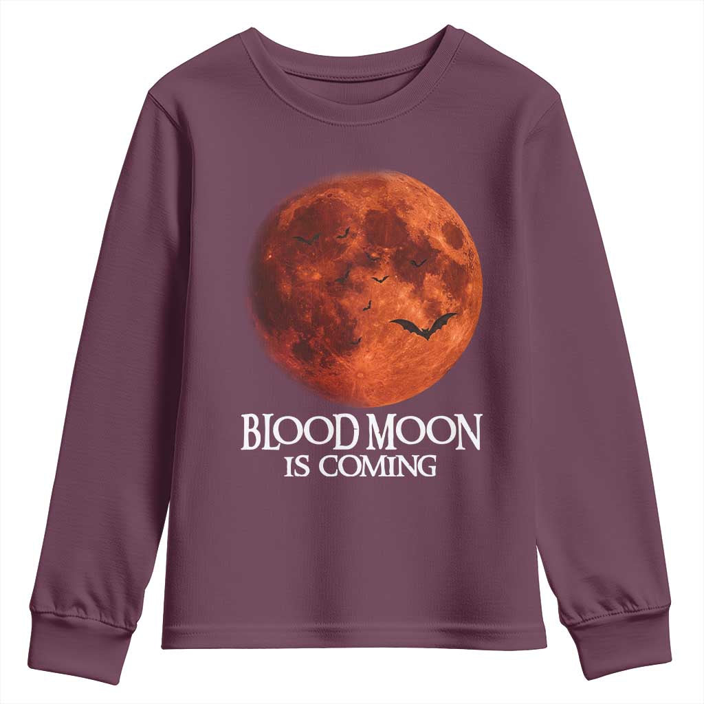 Blood Moon Is Coming Spooky Halloween Youth Sweatshirt Flying Bats Gothic Dark Horror Graphic TS02 Maroon Print Your Wear