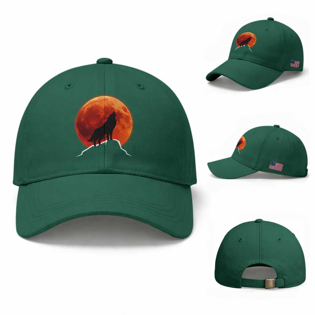 Howling Wolf Crimson Blood Moon Baseball Cap Mountain Wildlife Nature Graphic TS02 Baseball Cap Universal Fit Irish Green Print Your Wear