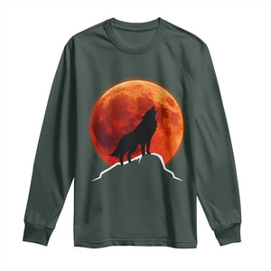 Howling Wolf Crimson Blood Moon Long Sleeve Shirt Mountain Wildlife Nature Graphic TS02 Dark Forest Green Print Your Wear