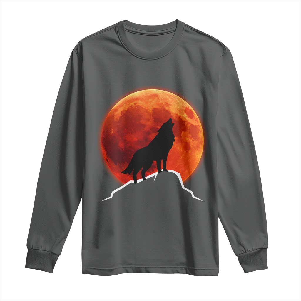 Howling Wolf Crimson Blood Moon Long Sleeve Shirt Mountain Wildlife Nature Graphic TS02 Dark Heather Print Your Wear