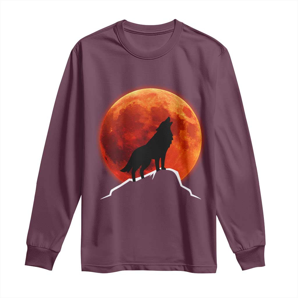 Howling Wolf Crimson Blood Moon Long Sleeve Shirt Mountain Wildlife Nature Graphic TS02 Maroon Print Your Wear