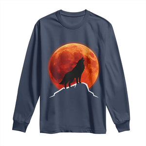 Howling Wolf Crimson Blood Moon Long Sleeve Shirt Mountain Wildlife Nature Graphic TS02 Navy Print Your Wear