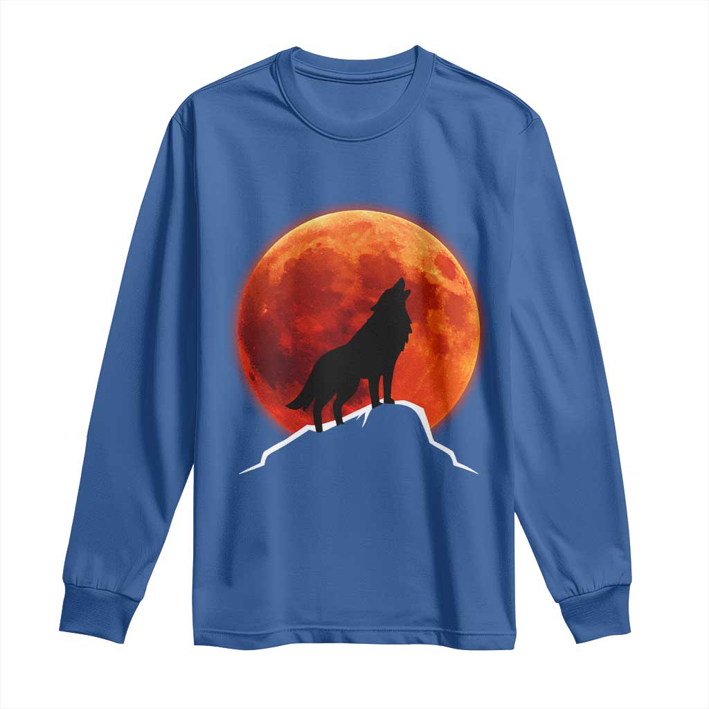 Howling Wolf Crimson Blood Moon Long Sleeve Shirt Mountain Wildlife Nature Graphic TS02 Royal Blue Print Your Wear