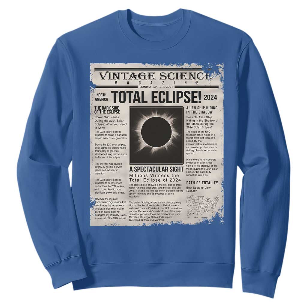 Retro Vintage Science Magazine Total Solar Eclipse 2024 Sweatshirt Historic Totality Astronomy Geek Memorabilia TS02 Royal Blue Print Your Wear