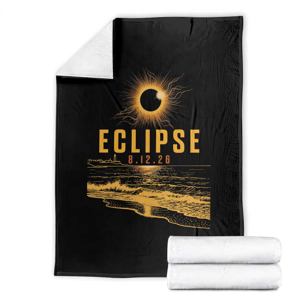 Total Solar Eclipse August 12 2026 Celestial Totality Throw Blanket Ocean Beach View Astronomy Souvenir TS02 Black Print Your Wear