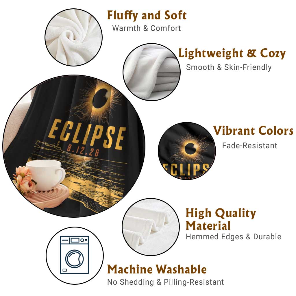 Total Solar Eclipse August 12 2026 Celestial Totality Throw Blanket Ocean Beach View Astronomy Souvenir TS02 Print Your Wear