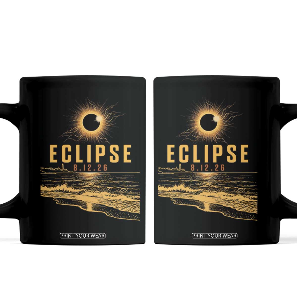 Total Solar Eclipse August 12 2026 Celestial Totality Coffee Mug Ocean Beach View Astronomy Souvenir TS02 Black Print Your Wear