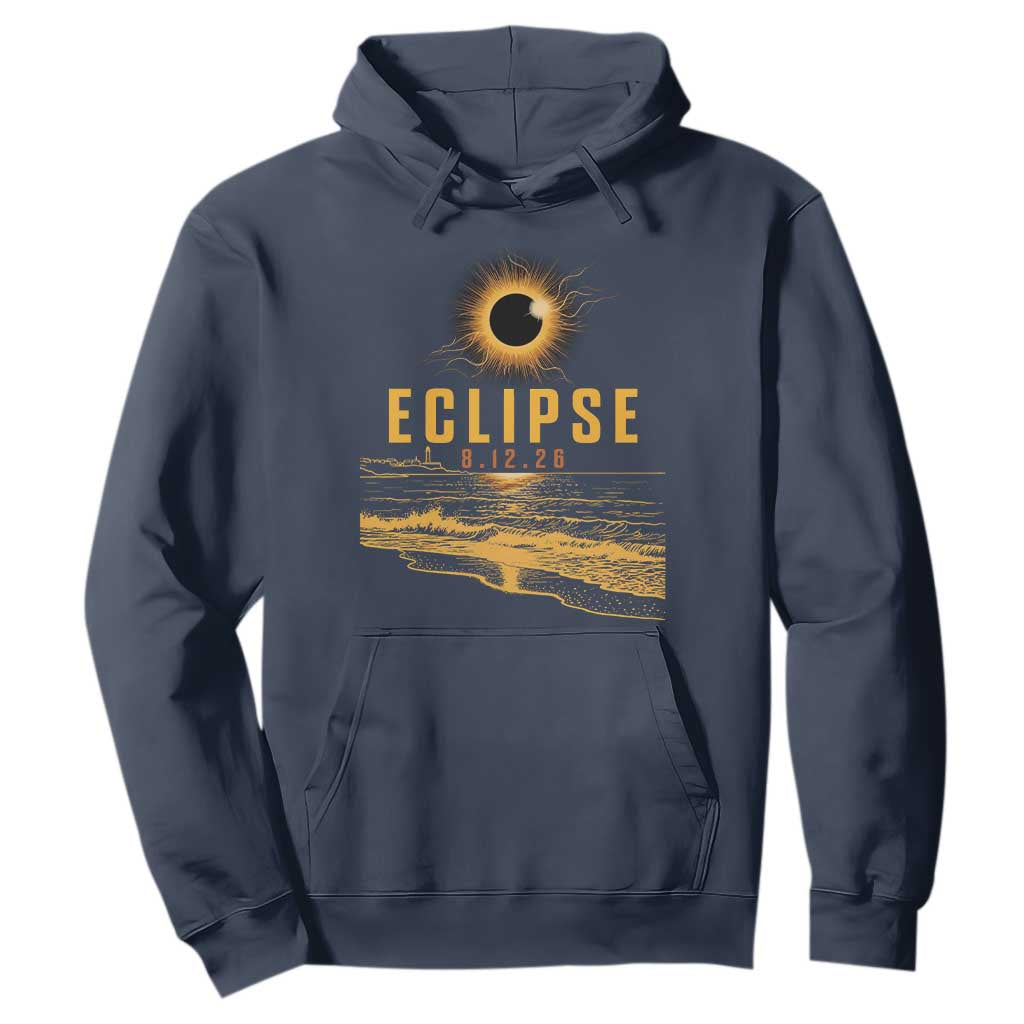 Total Solar Eclipse August 12 2026 Celestial Totality Hoodie Ocean Beach View Astronomy Souvenir TS02 Navy Print Your Wear