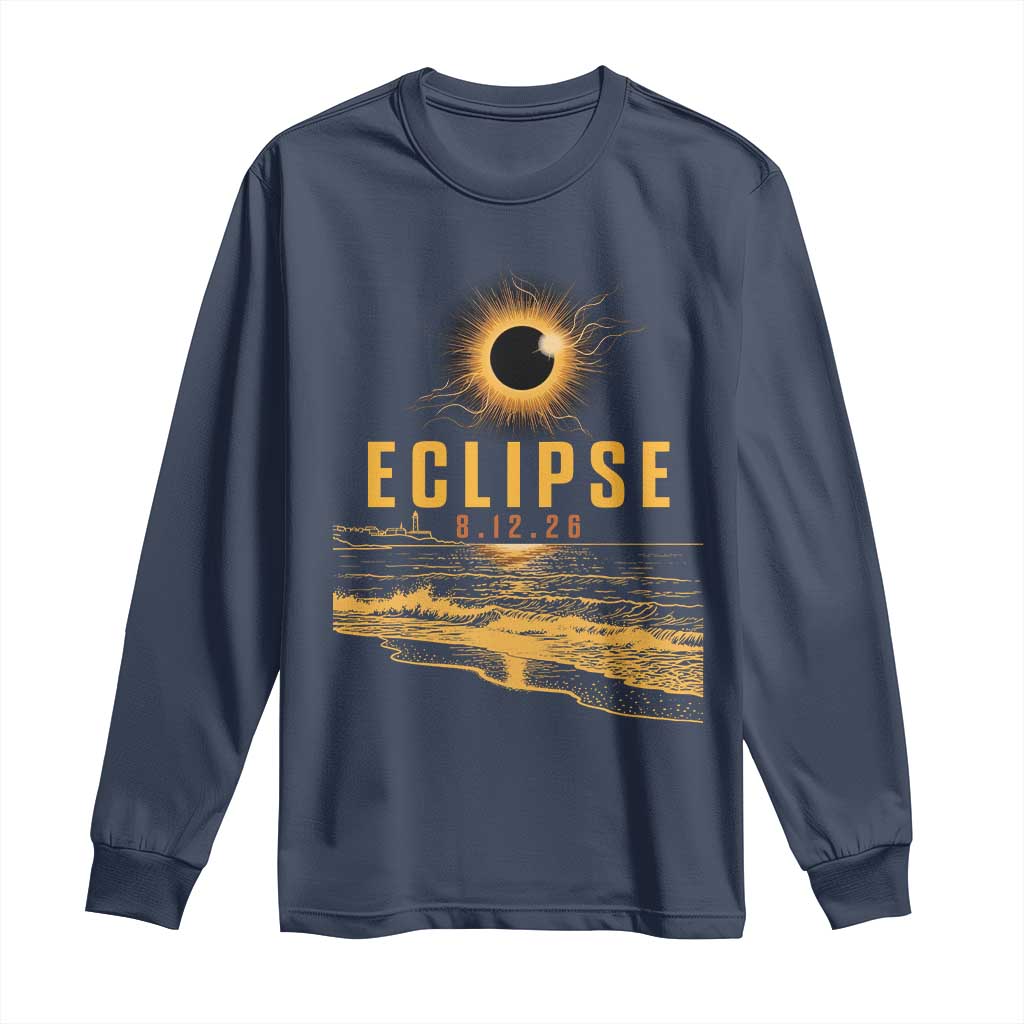 Total Solar Eclipse August 12 2026 Celestial Totality Long Sleeve Shirt Ocean Beach View Astronomy Souvenir TS02 Navy Print Your Wear