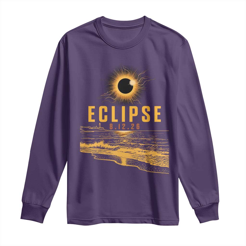 Total Solar Eclipse August 12 2026 Celestial Totality Long Sleeve Shirt Ocean Beach View Astronomy Souvenir TS02 Purple Print Your Wear