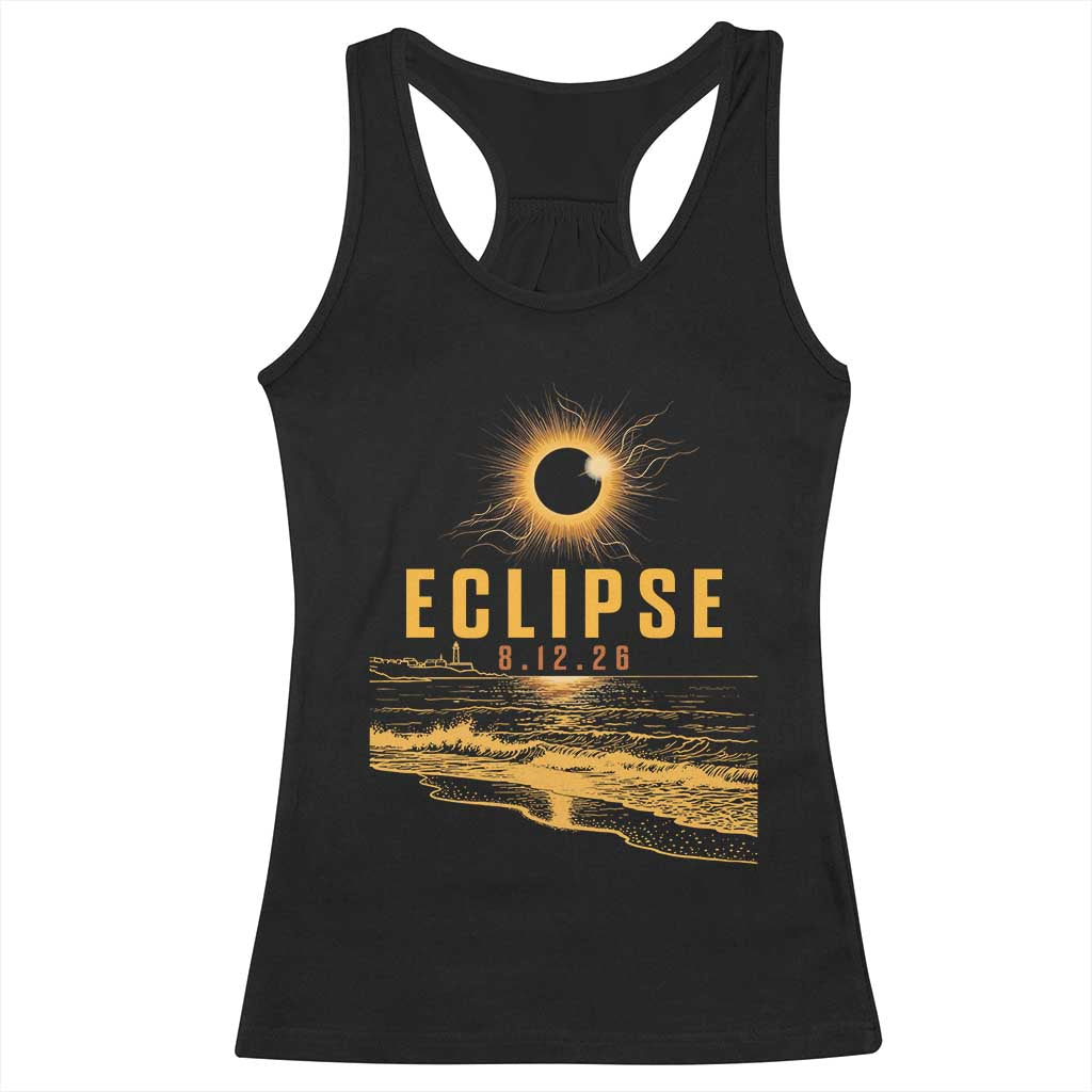 Total Solar Eclipse August 12 2026 Celestial Totality Racerback Tank Top Ocean Beach View Astronomy Souvenir TS02 Black Print Your Wear