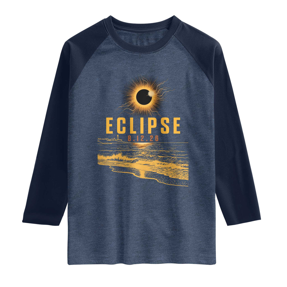 Total Solar Eclipse August 12 2026 Celestial Totality Raglan Shirt Ocean Beach View Astronomy Souvenir TS02 Heather Denim Navy Print Your Wear