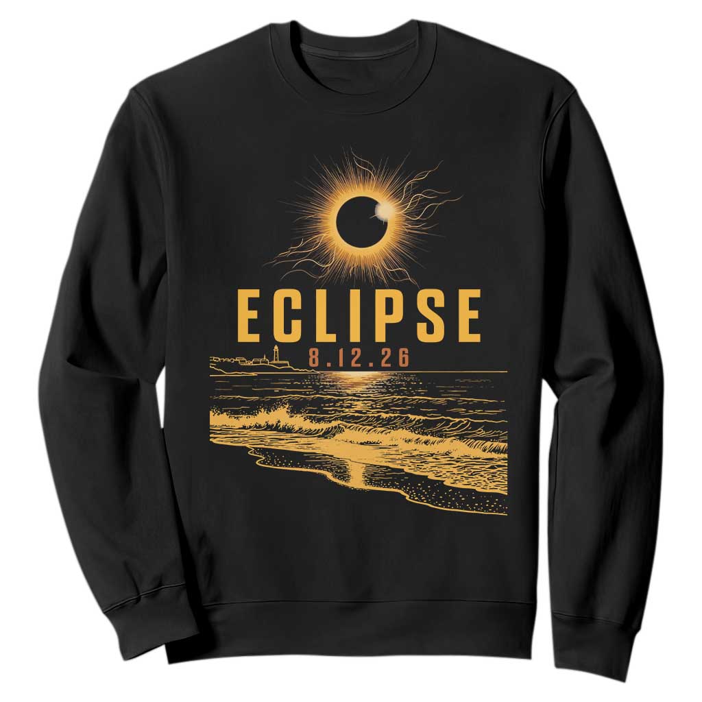 Total Solar Eclipse August 12 2026 Celestial Totality Sweatshirt Ocean Beach View Astronomy Souvenir TS02 Black Print Your Wear