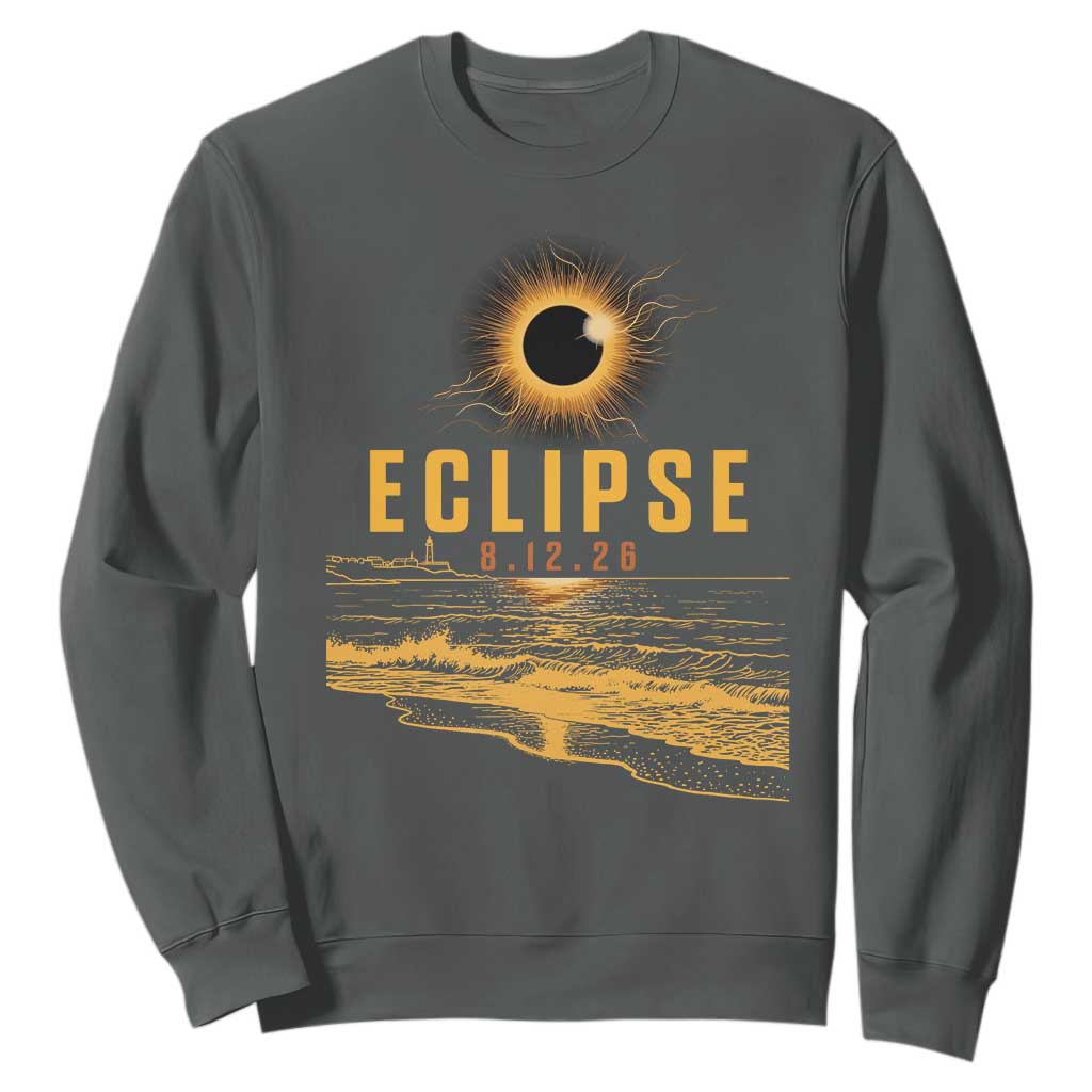 Total Solar Eclipse August 12 2026 Celestial Totality Sweatshirt Ocean Beach View Astronomy Souvenir TS02 Dark Heather Print Your Wear