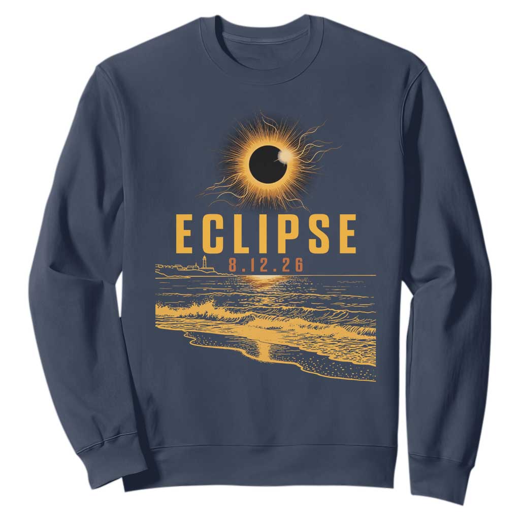Total Solar Eclipse August 12 2026 Celestial Totality Sweatshirt Ocean Beach View Astronomy Souvenir TS02 Navy Print Your Wear