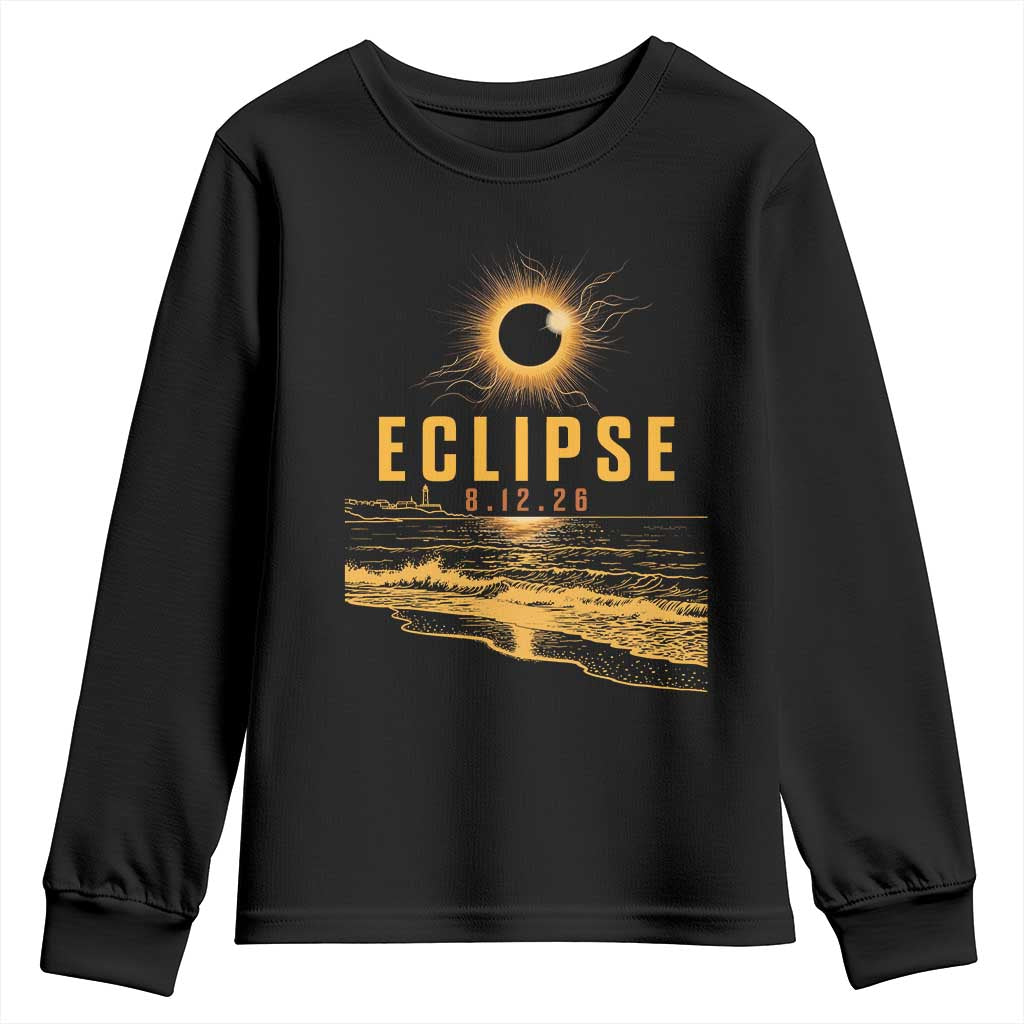 Total Solar Eclipse August 12 2026 Celestial Totality Youth Sweatshirt Ocean Beach View Astronomy Souvenir TS02 Black Print Your Wear