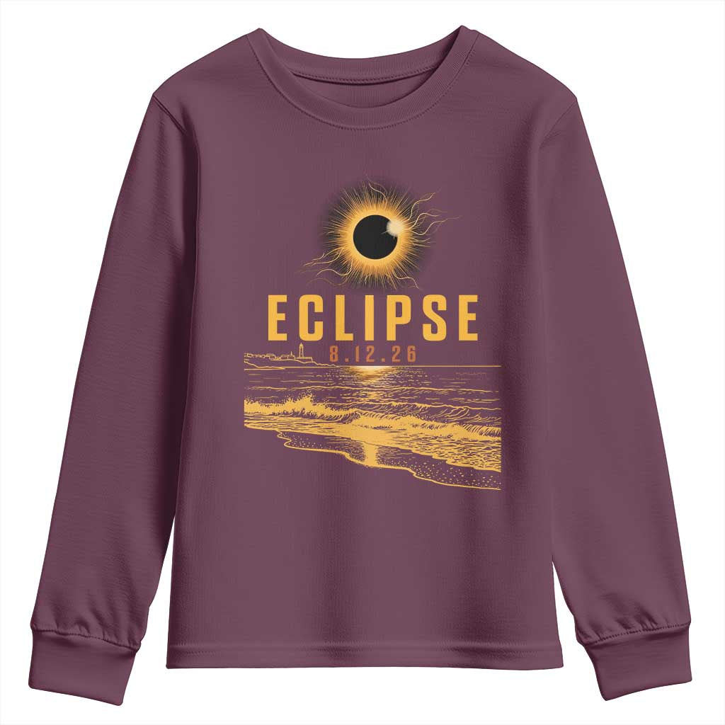 Total Solar Eclipse August 12 2026 Celestial Totality Youth Sweatshirt Ocean Beach View Astronomy Souvenir TS02 Maroon Print Your Wear