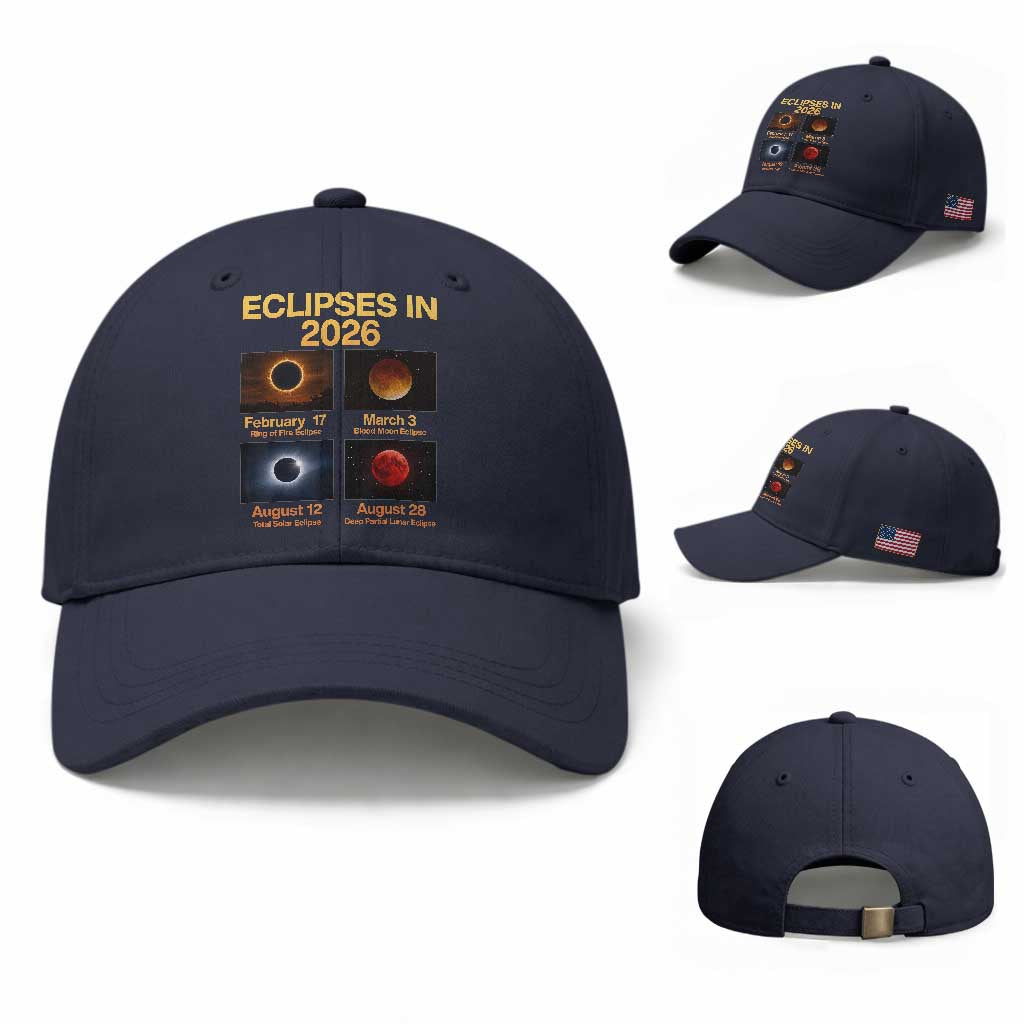 Eclipses in 2026 Celestial Calendar Infographic Baseball Cap Space Nerd Astronomy Gift Astrology Lover TS02 Baseball Cap Universal Fit Navy Print Your Wear