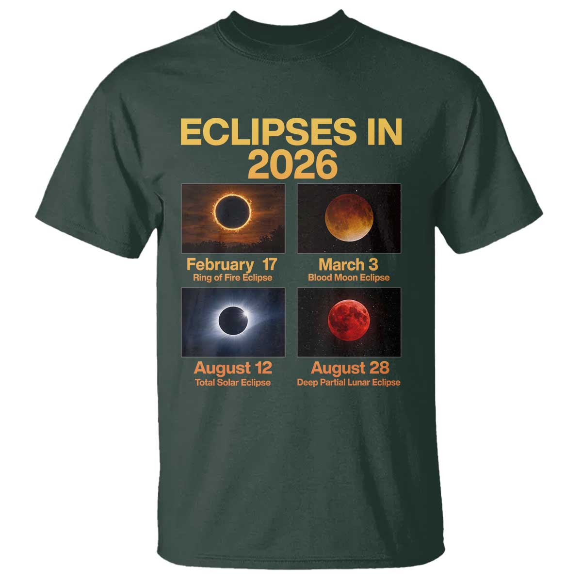 Eclipses in 2026 Celestial Calendar Infographic T Shirt Space Nerd Astronomy Gift Astrology Lover TS02 Dark Forest Green Print Your Wear