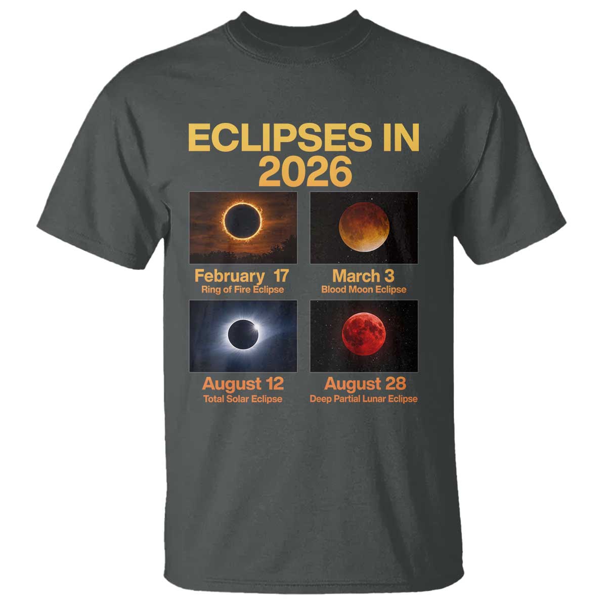Eclipses in 2026 Celestial Calendar Infographic T Shirt Space Nerd Astronomy Gift Astrology Lover TS02 Dark Heather Print Your Wear