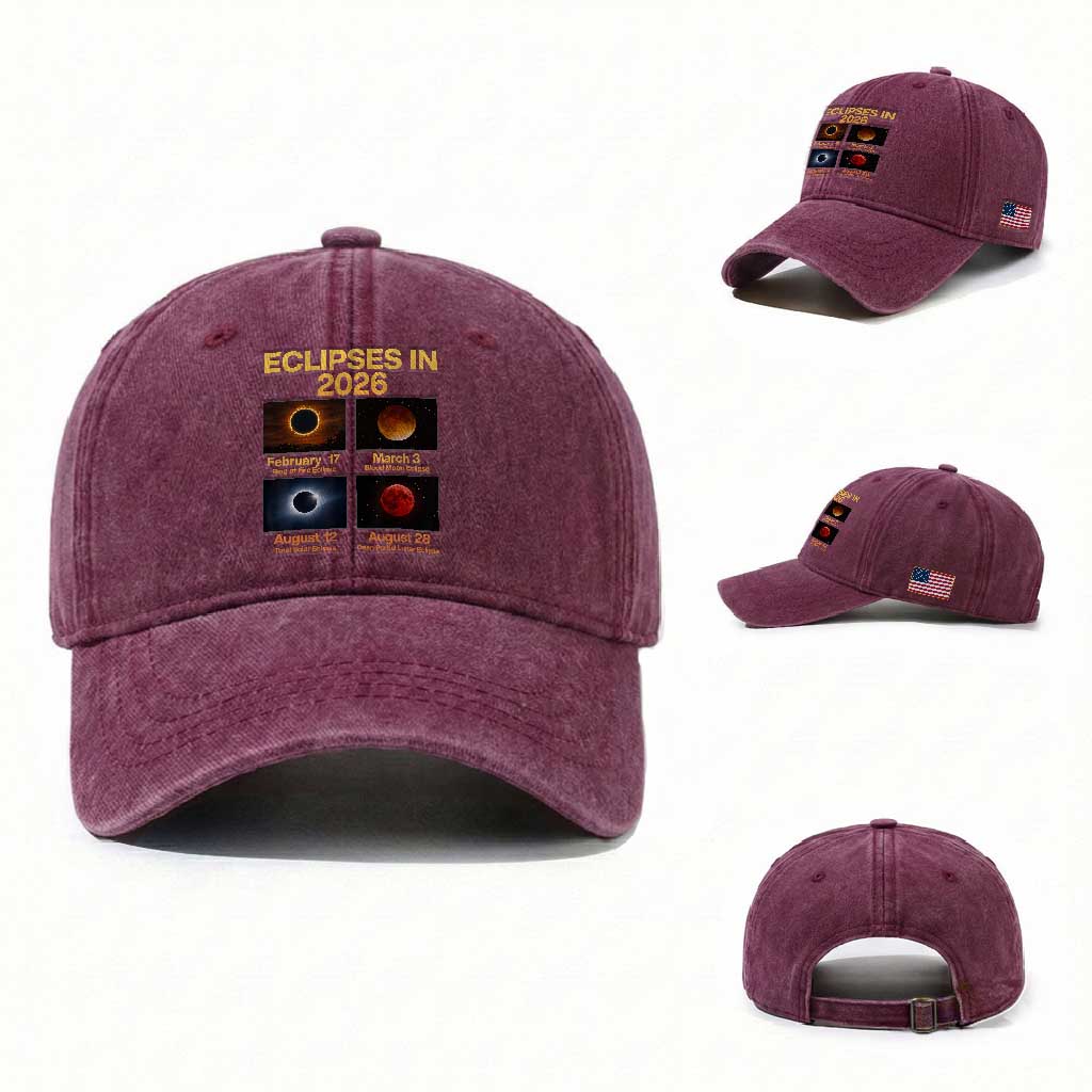 Eclipses in 2026 Celestial Calendar Infographic Washed Cotton Baseball Cap Space Nerd Astronomy Gift Astrology Lover TS02 Washed Cap Universal Fit Burgundy Print Your Wear