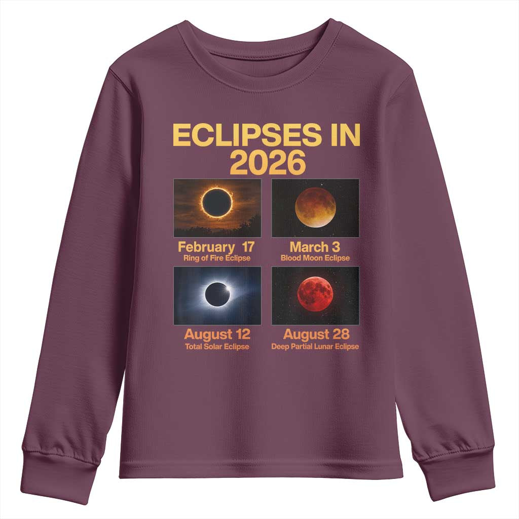 Eclipses in 2026 Celestial Calendar Infographic Youth Sweatshirt Space Nerd Astronomy Gift Astrology Lover TS02 Maroon Print Your Wear