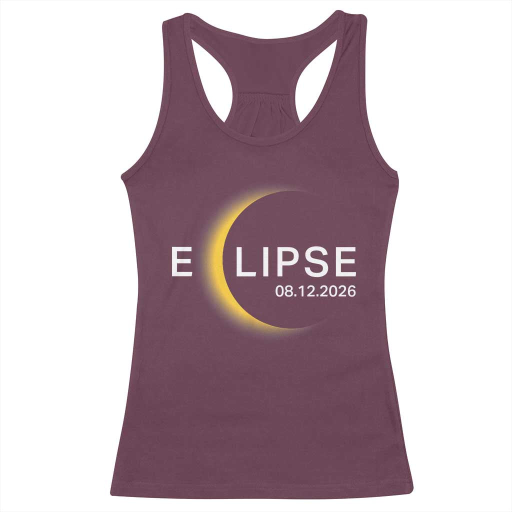 Minimalist 2026 Total Solar Eclipse Racerback Tank Top August 12 Totality Astronomy Souvenir TS02 Maroon Print Your Wear