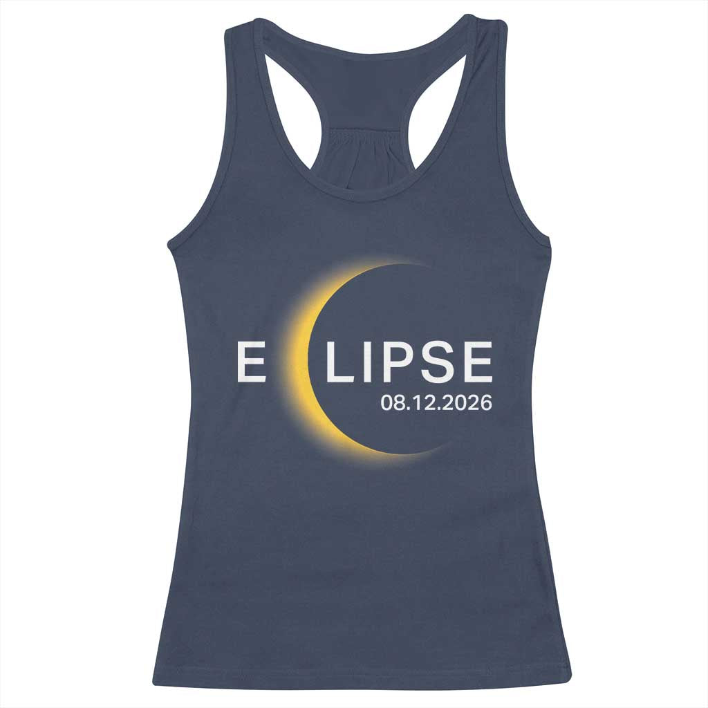Minimalist 2026 Total Solar Eclipse Racerback Tank Top August 12 Totality Astronomy Souvenir TS02 Navy Print Your Wear