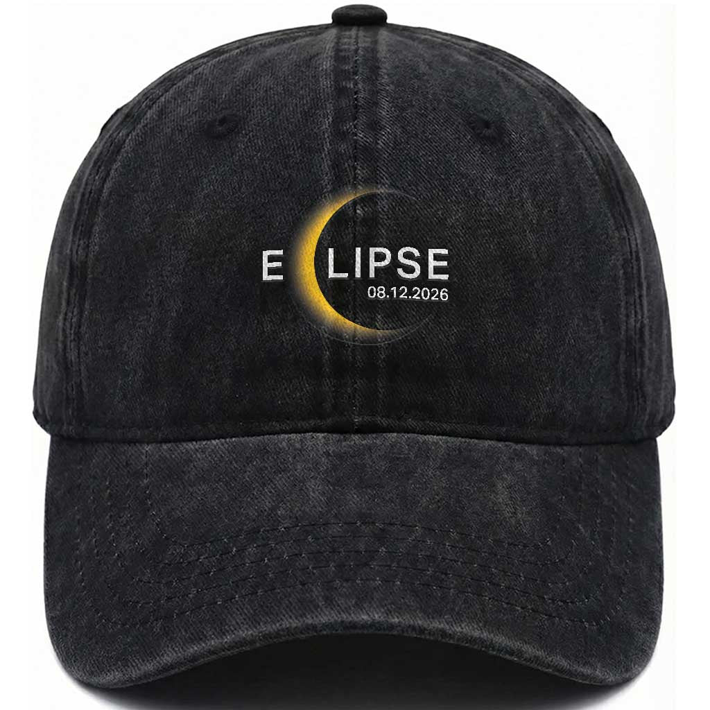 Minimalist 2026 Total Solar Eclipse Washed Cotton Baseball Cap August 12 Totality Astronomy Souvenir TS02 Print Your Wear