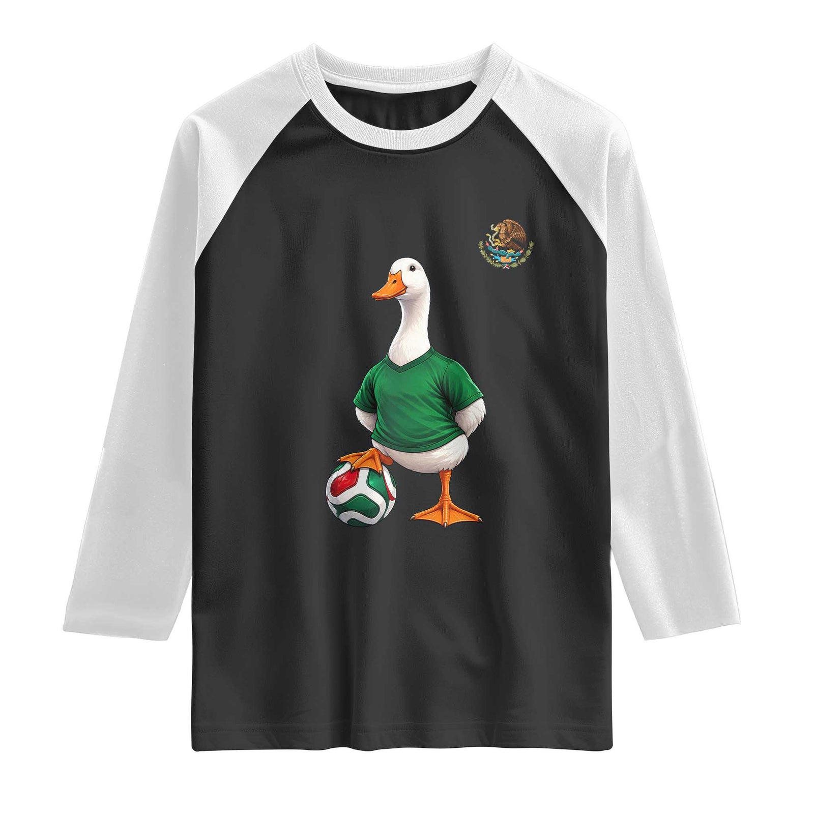 Merlin the Duck Soccer Player Mexico Fans Raglan Shirt Mexican Sports Futbol Lovers Viral Animal in Green Jersey Graphic TS02 Black White Print Your Wear