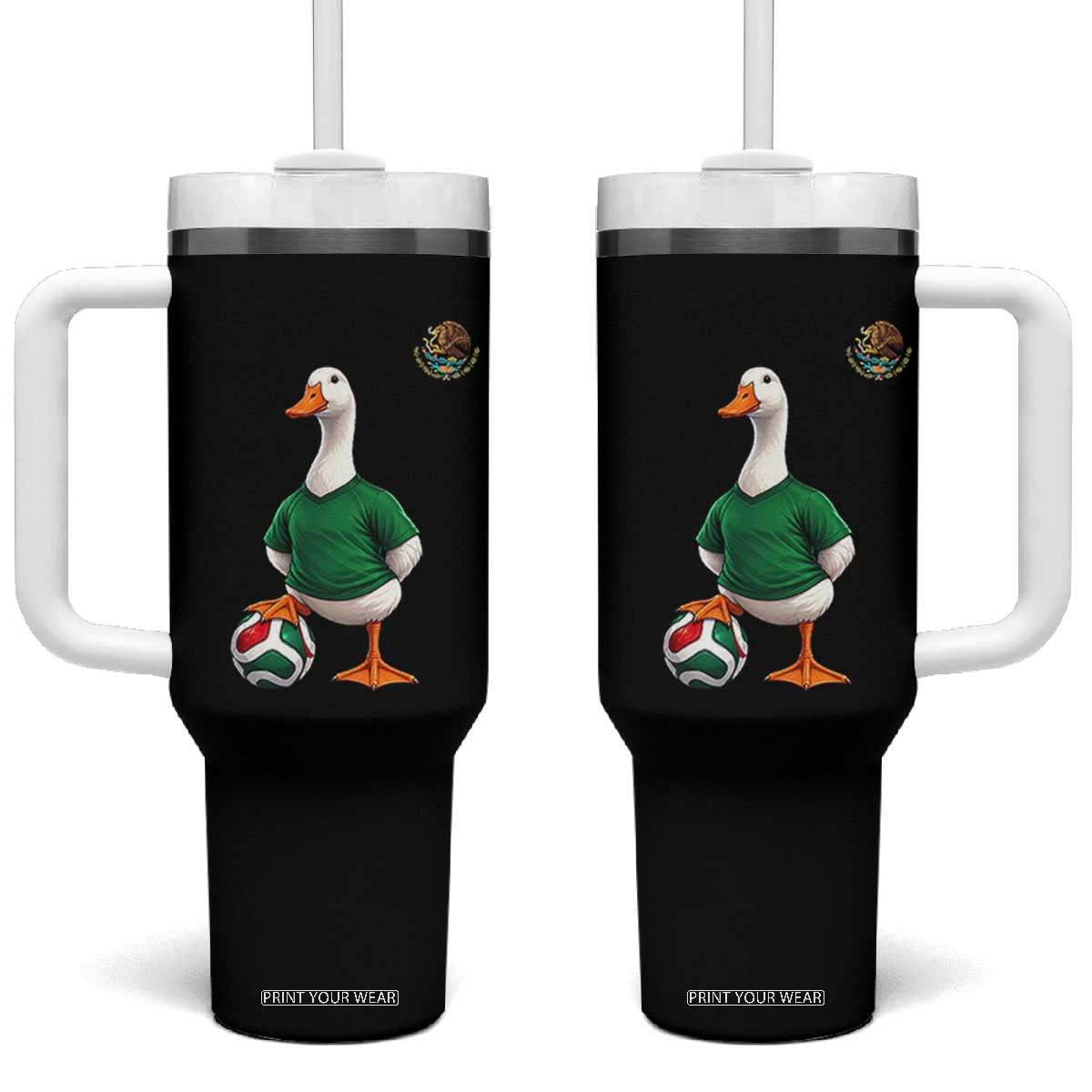 Merlin the Duck Soccer Player Mexico Fans Tumbler With Handle Mexican Sports Futbol Lovers Viral Animal in Green Jersey Graphic TS02 One Size: 40 oz Black Print Your Wear