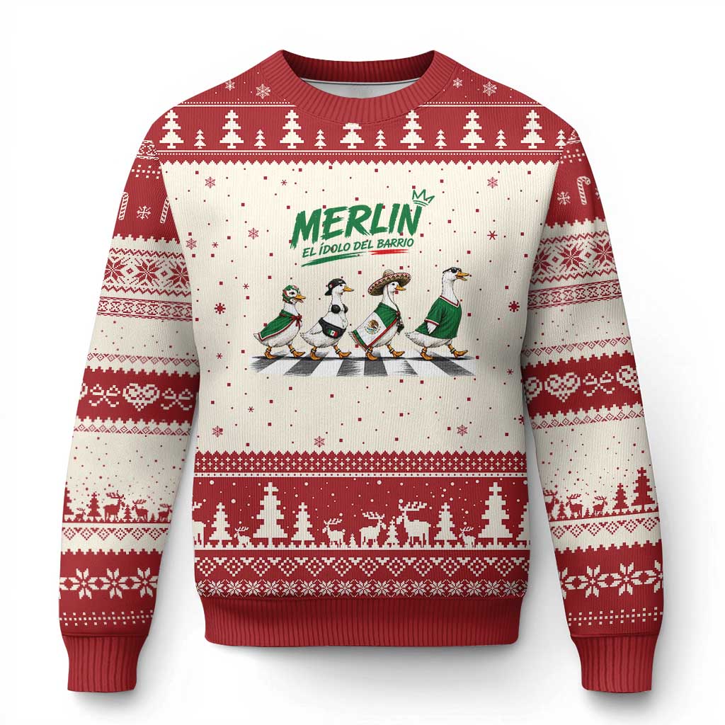 Merlin the Ducks Crosswalk Walk Parody Ugly Christmas Sweater El Idolo Del Barrio Mexico Duck Soccer Football Fans TS02 Beige Red Print Your Wear