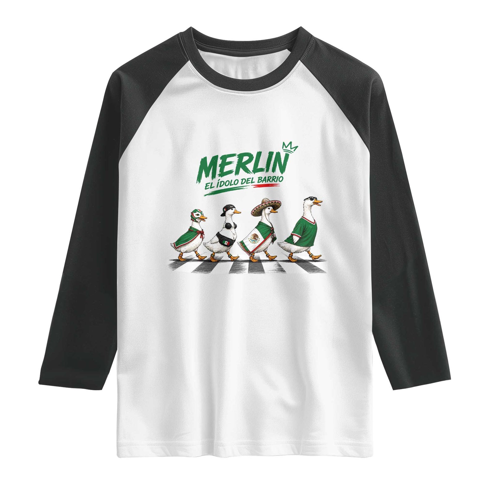 Merlin the Ducks Crosswalk Walk Parody Raglan Shirt El Idolo Del Barrio Mexico Duck Soccer Football Fans TS02 White Black Print Your Wear