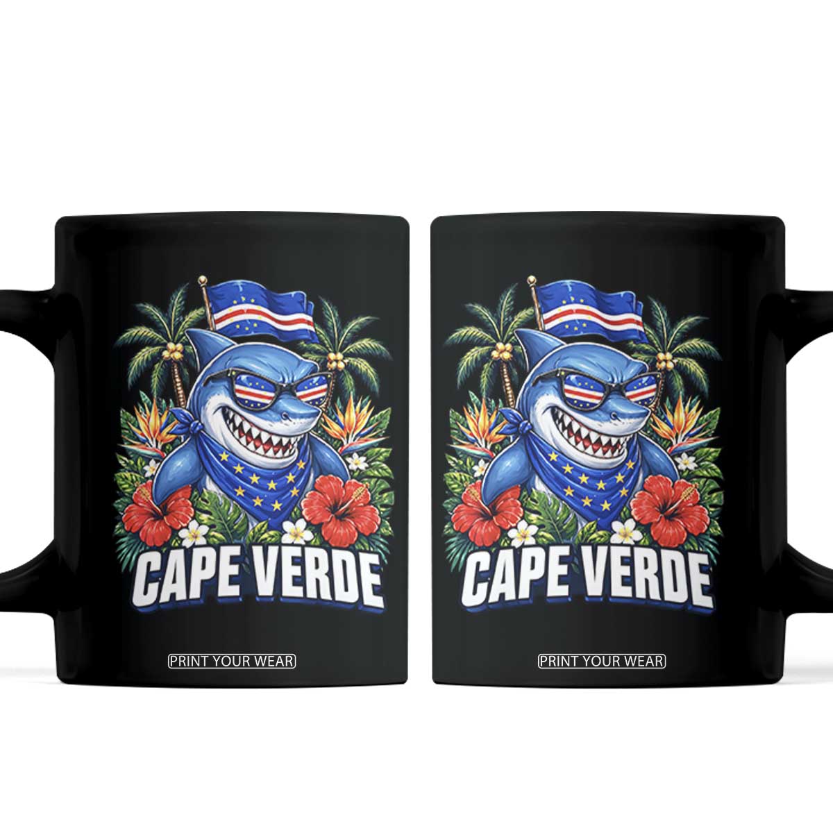 Cape Verde Cool Blue Shark Tropical Graphic Coffee Mug Cabo Verde Paradise Verdean Soccer Football Fans TS02 Black Print Your Wear