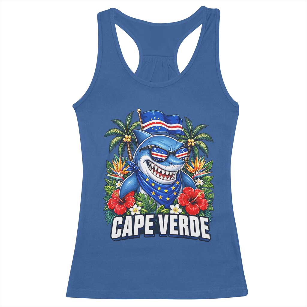 Cape Verde Cool Blue Shark Tropical Graphic Racerback Tank Top Cabo Verde Paradise Verdean Soccer Football Fans TS02 Royal Blue Print Your Wear