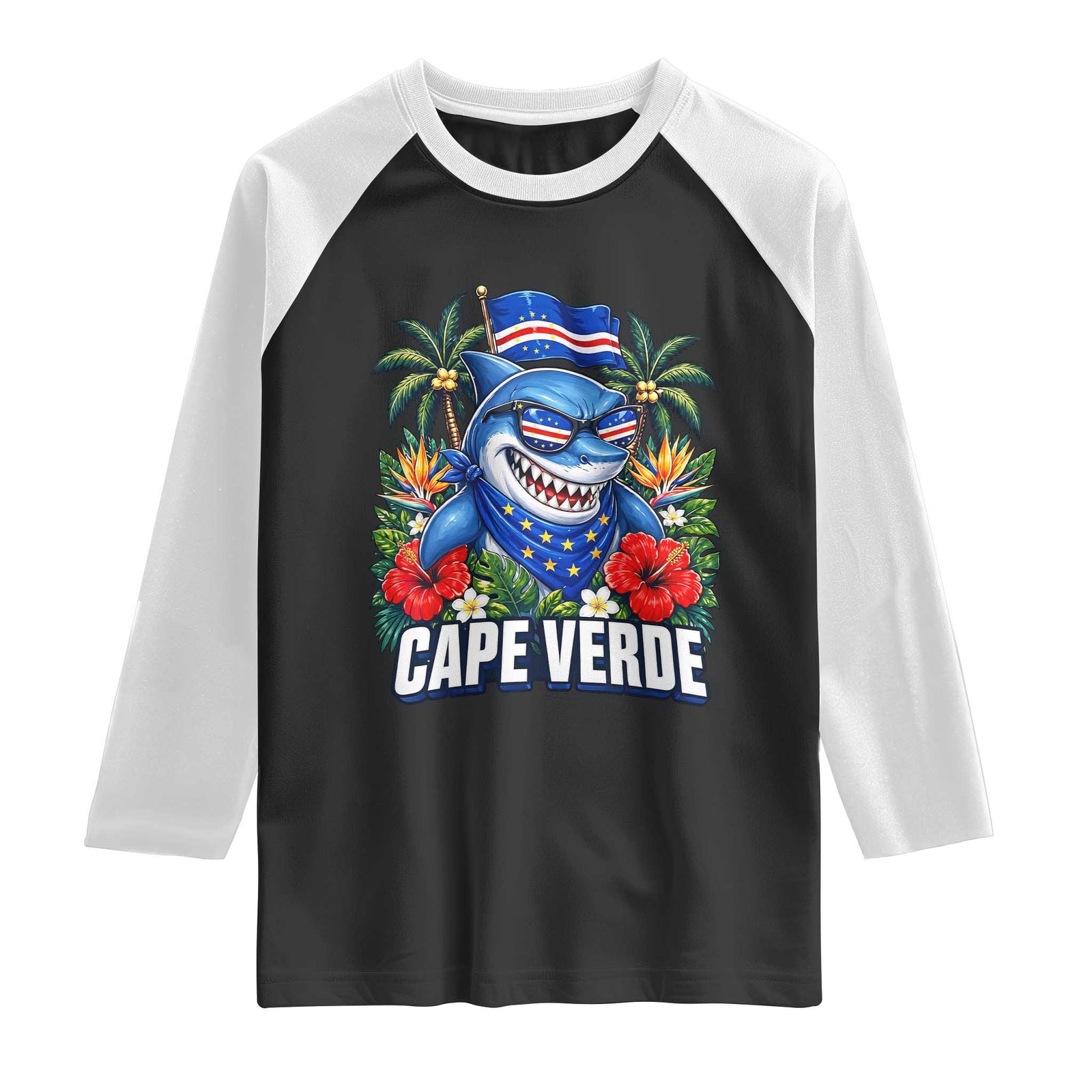 Cape Verde Cool Blue Shark Tropical Graphic Raglan Shirt Cabo Verde Paradise Verdean Soccer Football Fans TS02 Black White Print Your Wear