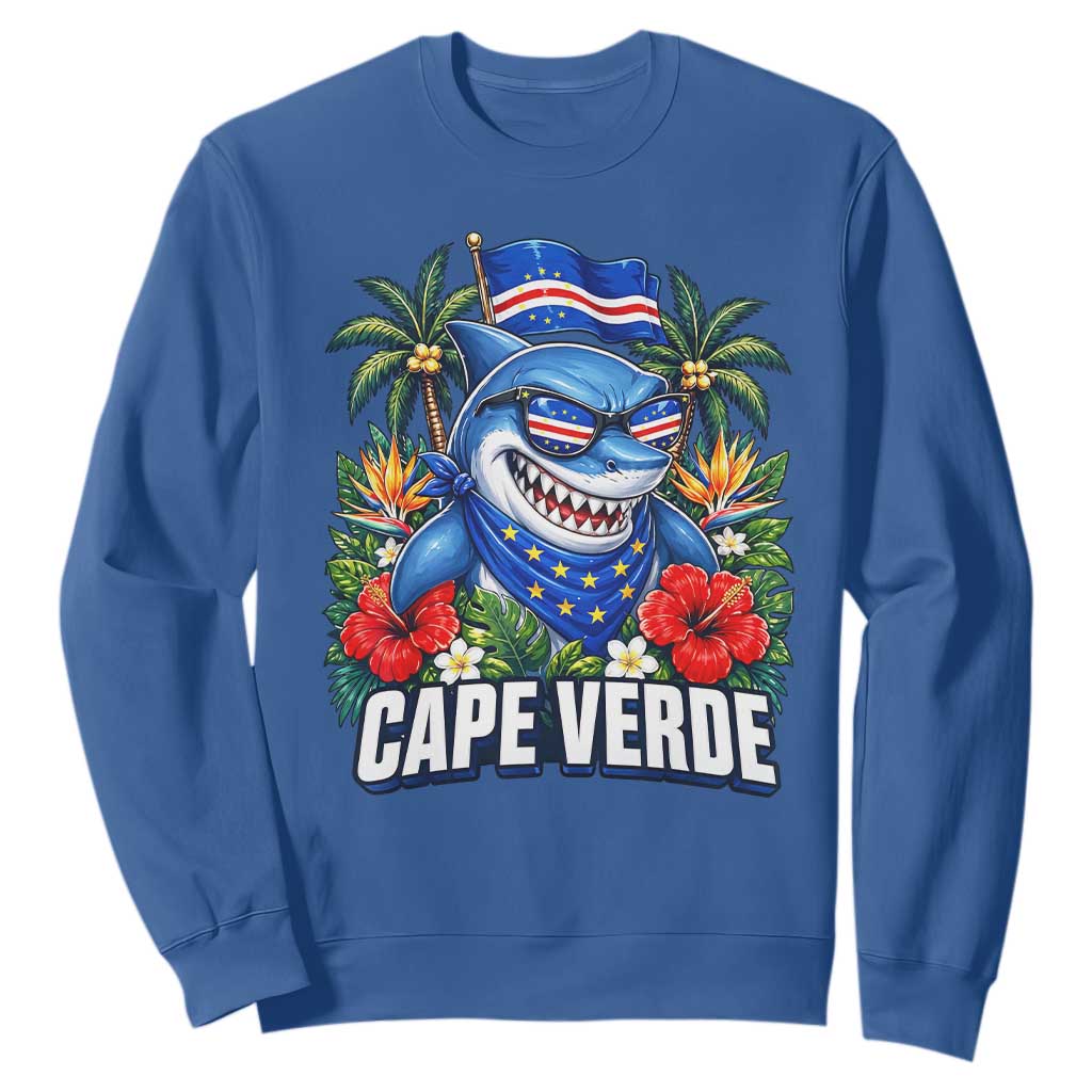 Cape Verde Cool Blue Shark Tropical Graphic Sweatshirt Cabo Verde Paradise Verdean Soccer Football Fans TS02 Royal Blue Print Your Wear