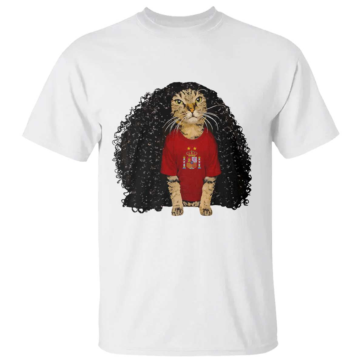 Funny Long Curly Hair Wig Soccer Cat Graphic T Shirt Spain Espana Sports Fans Meme Spanish Pride TS02 White Print Your Wear