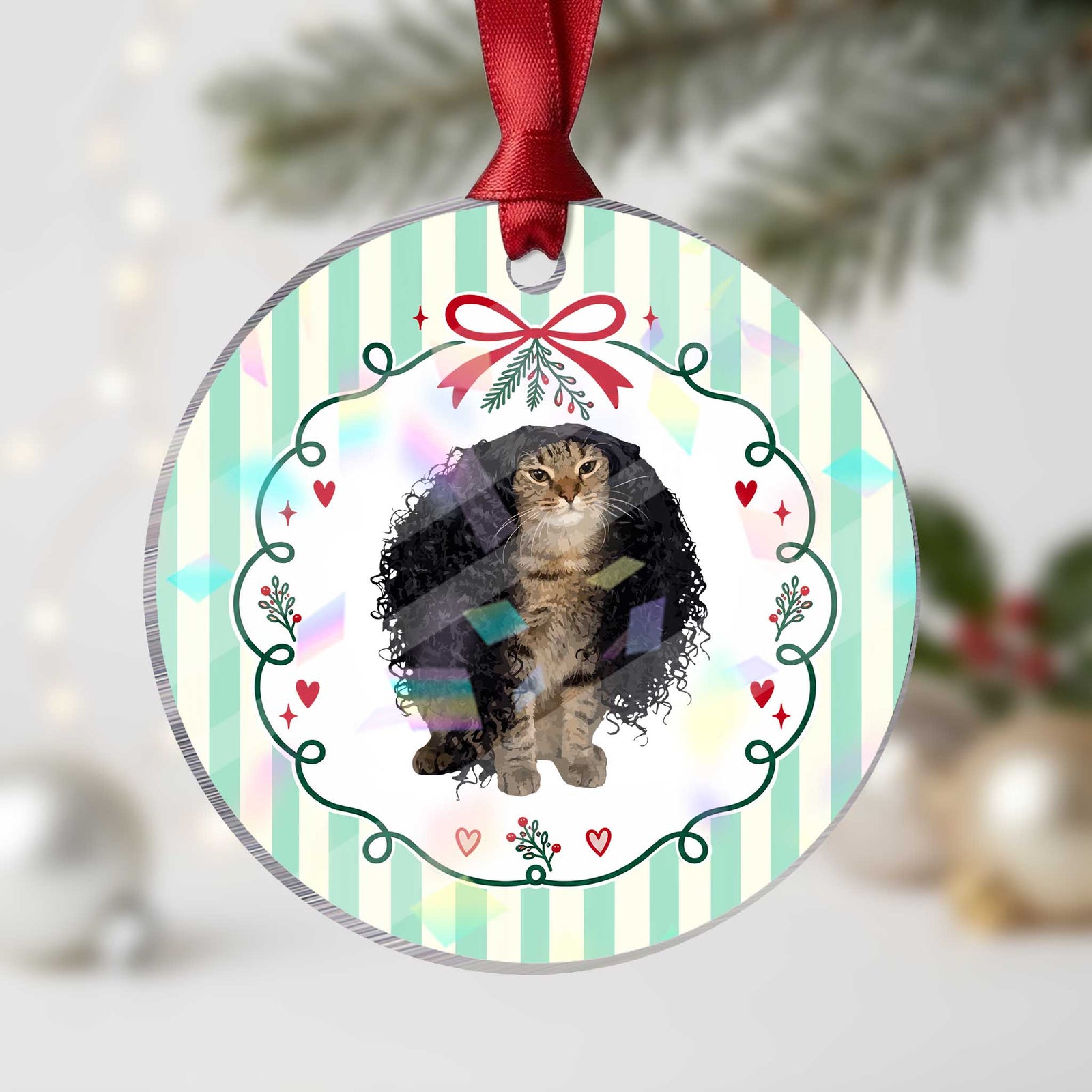 Funny Long Curly Hair Wig Cat Soccer Fans Holographic Acrylic Ornament Football Meme Sports Humor