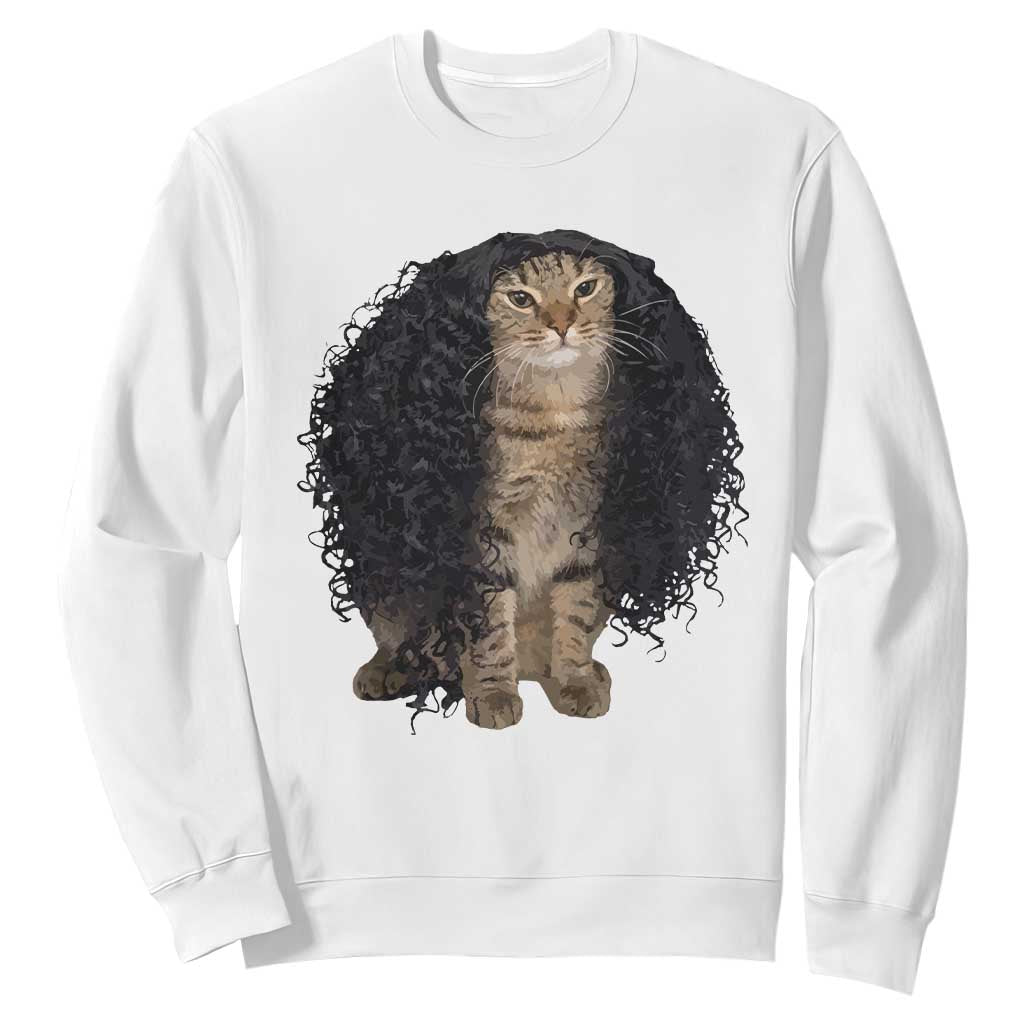Funny Long Curly Hair Wig Cat Soccer Fans Sweatshirt Football Meme Sports Humor TS02 White Print Your Wear
